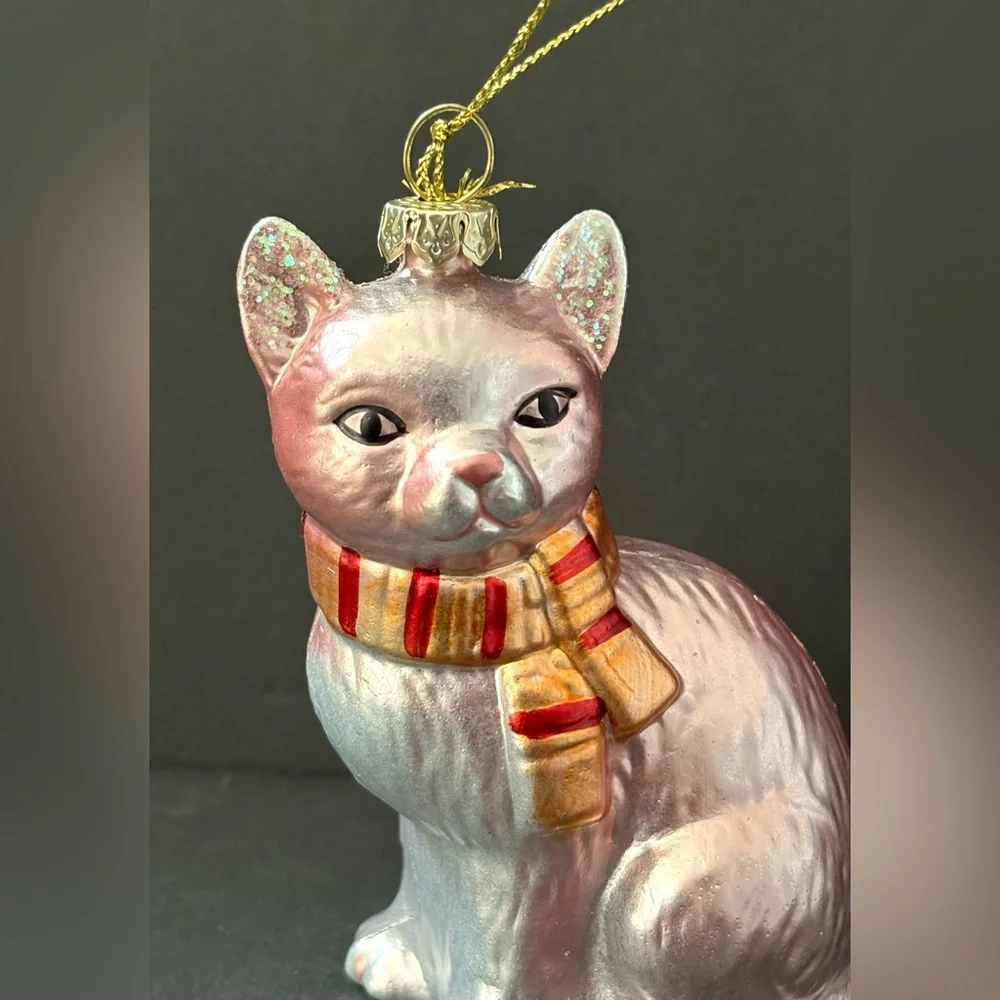 Elegant Pink Iridescent Feline Cat Striped Scarf Blown Glass Ornament Home Decor